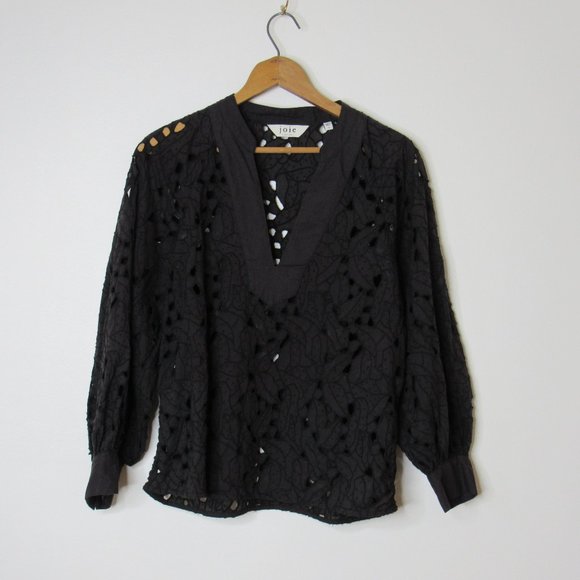 Joie Perci Embroidered Cutwork Top Women's M Black Split Neck Pullover L/S - Picture 2 of 6